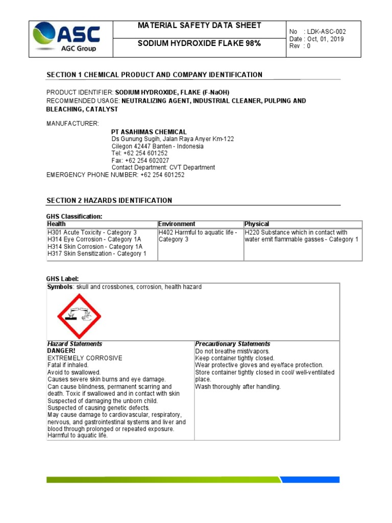 Material Safety Data Sheet Sodium Hydroxide Flake 98 Section 1