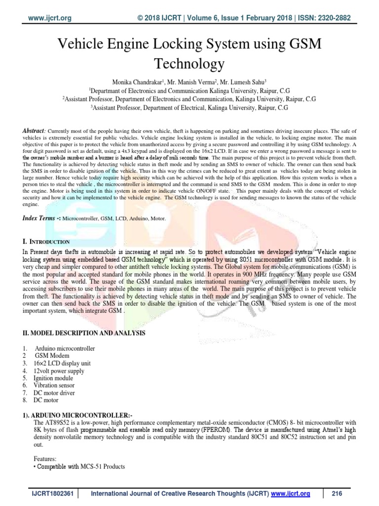 Vehicle Engine Locking System Using GSM Technology Abstract PDF