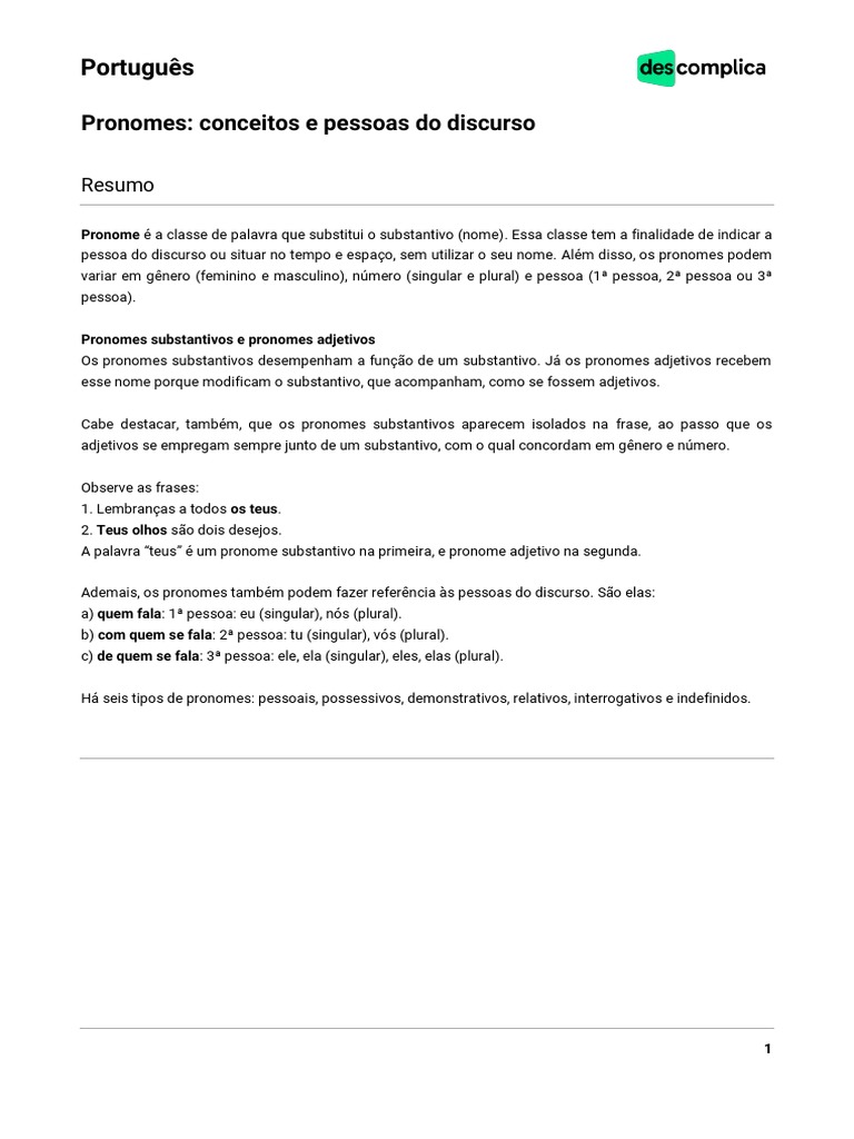Português - Pronomes Conceitos e Pessoas Do Discurso - 2019 | PDF ...