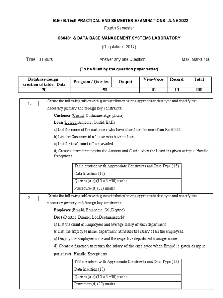 CS8481 Set 1 annaunivDBMS PDF Databases Table (Database)