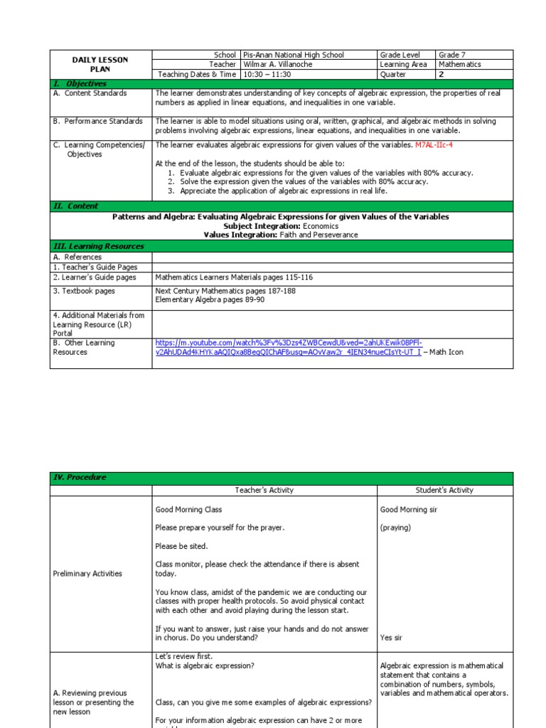 Grade 7 Algebra Expression Lesson Plan | PDF | Teaching Mathematics ...