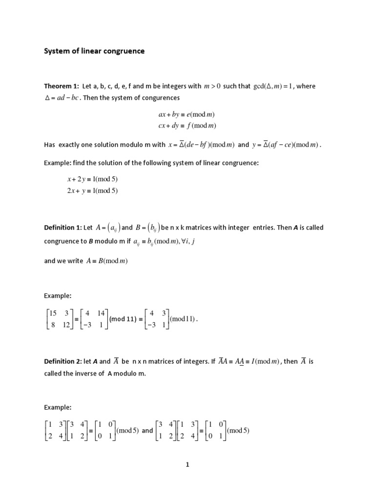 Solving Systems of Linear Congruences | PDF | Matrix (Mathematics ...
