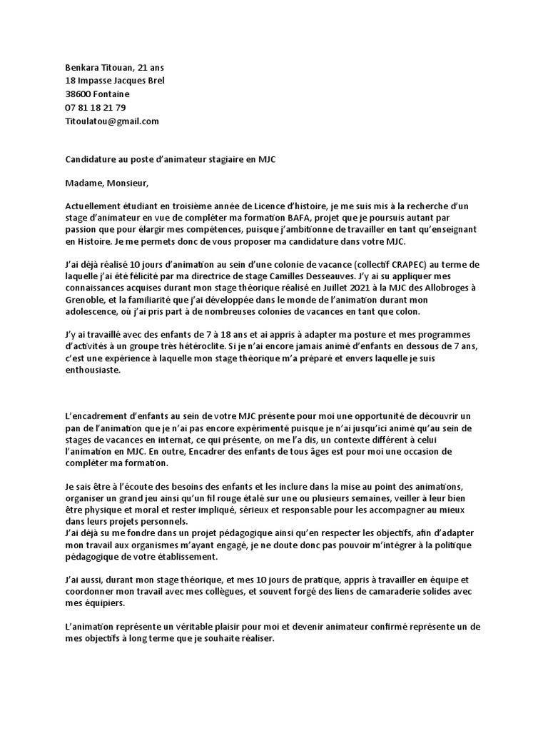 Lettre de Motivation Animation Stage | PDF