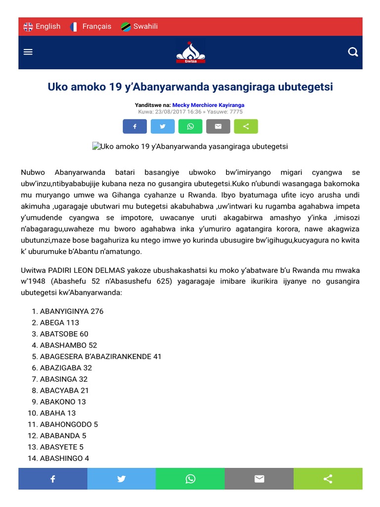 Uko Amoko 19 Y'abanyarwanda Yasangiraga Ubutegetsi: English Français ...