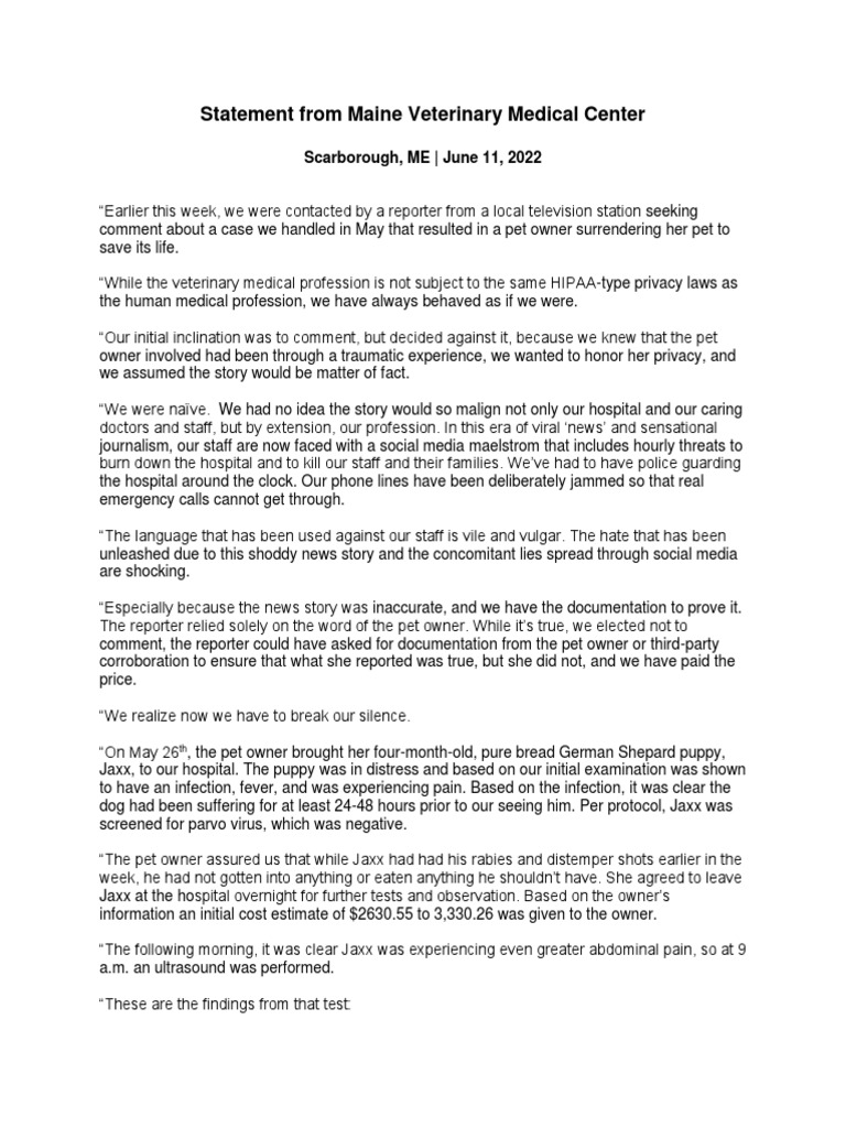 Statement From Maine Veterinary Medical Center Download Free PDF