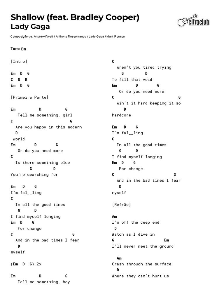 Shallow Chords and Lyrics Guide | PDF | Lady Gaga | American Musicians