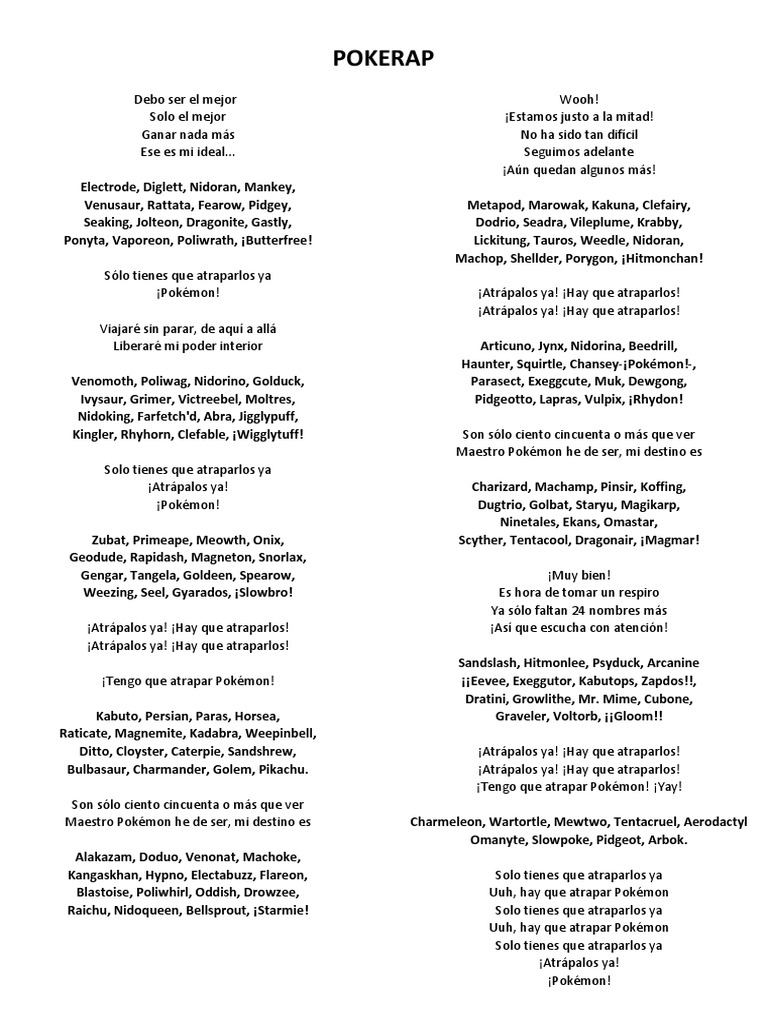 Letra del Pokérap en Español | PDF | Juegos japoneses | Trabajos