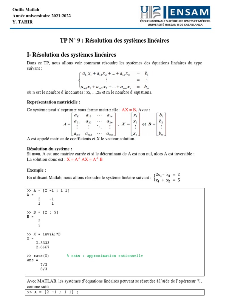 Résolution de systèmes linéaires avec MATLAB | PDF | Matrice ...