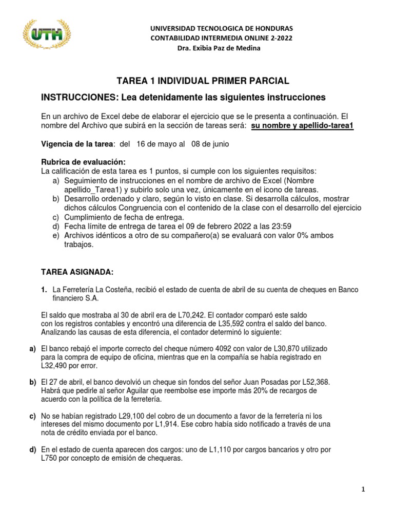 Tarea1 Individual Primer Parcial 2 2022 | PDF | Bancos | Contabilidad
