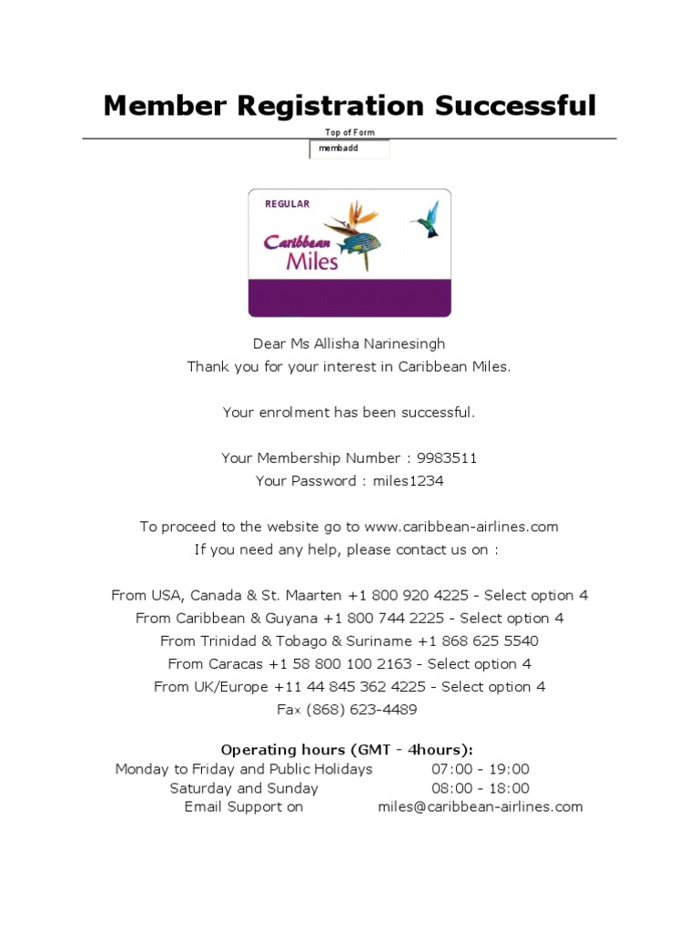 Caribbean Miles Membership Confirmation | PDF
