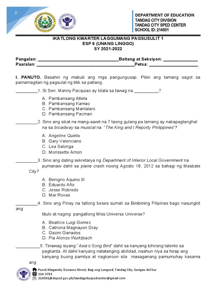 ESP Q3 ST No. 1 Test Questionnaire With Key Answers | PDF