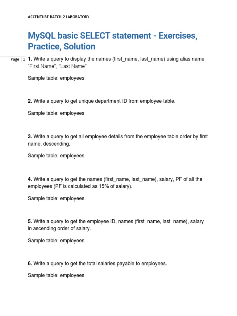 MySQL Basic SELECT Statement - Exercises, Practice, Solution | PDF ...