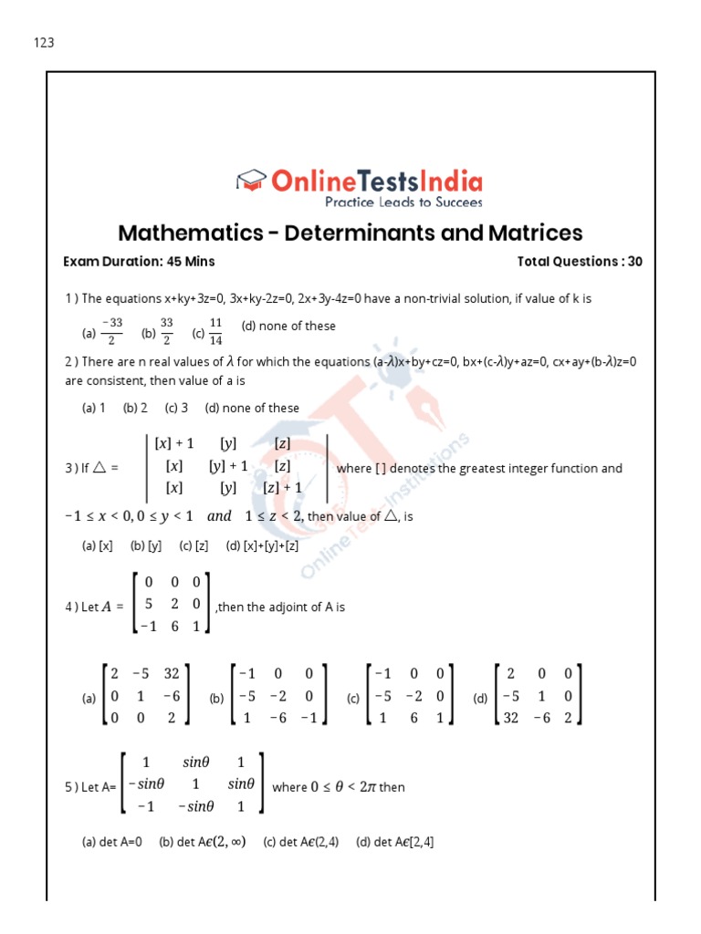 TS EAMCET Mathematics Determinants and Matrices Model Question Paper