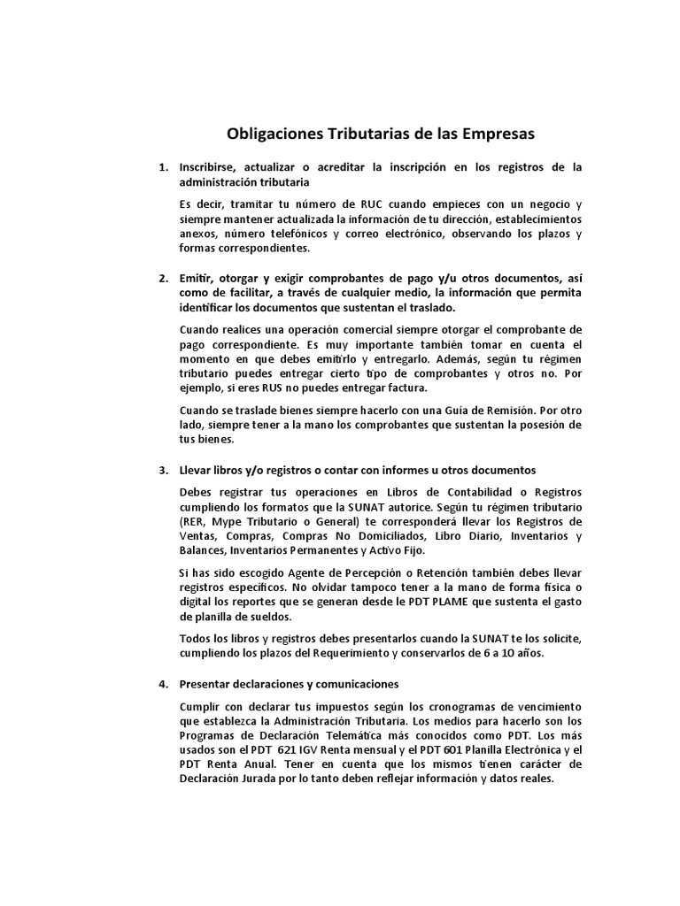 Obligaciones Tributarias de Las Empresas | PDF | Contabilidad | Economias