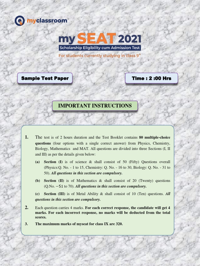 Class 9 mySEAT Sample Test Paper Download Free PDF Buoyancy