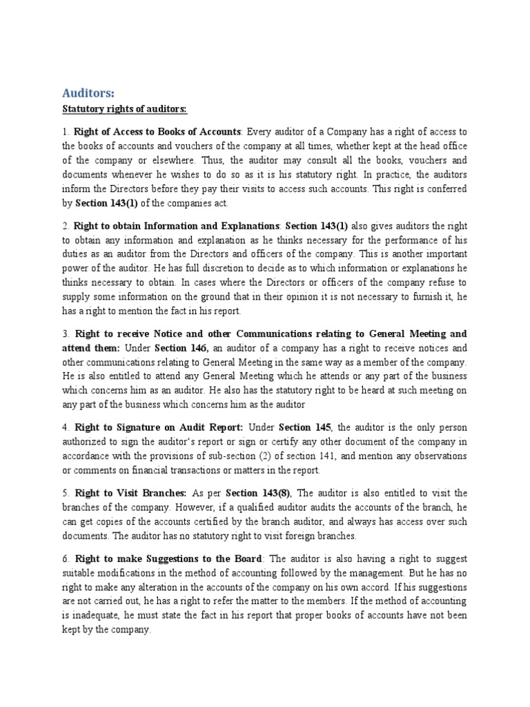 Statutory Rights and Duties of Company Auditors PDF Audit