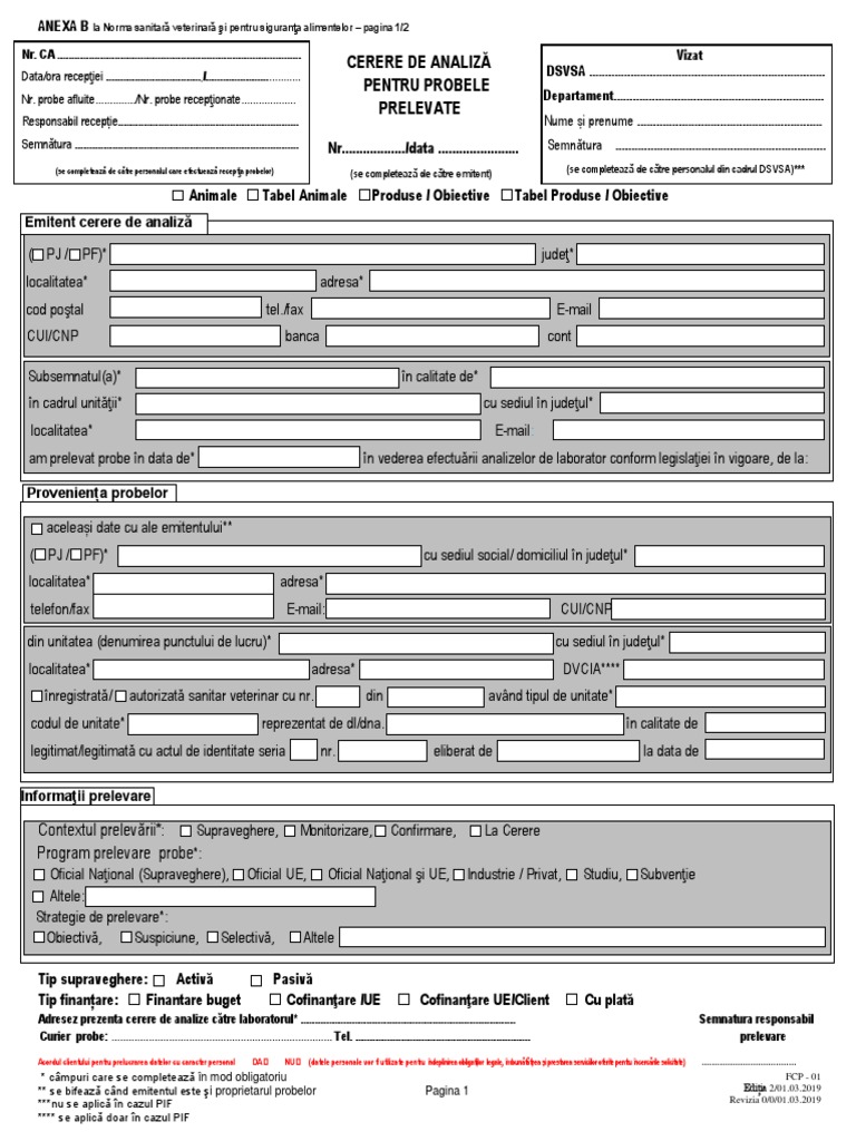 Anexa B Formular Cerere Analize PDF PG 1 Si 2 Vers Oct-Modificat | PDF