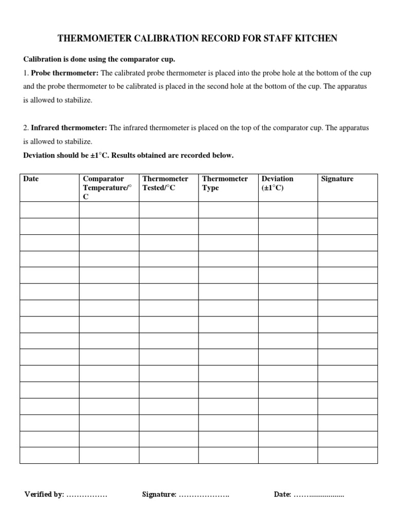 Thermometer Calibration Record For Staff Kitchen PDF