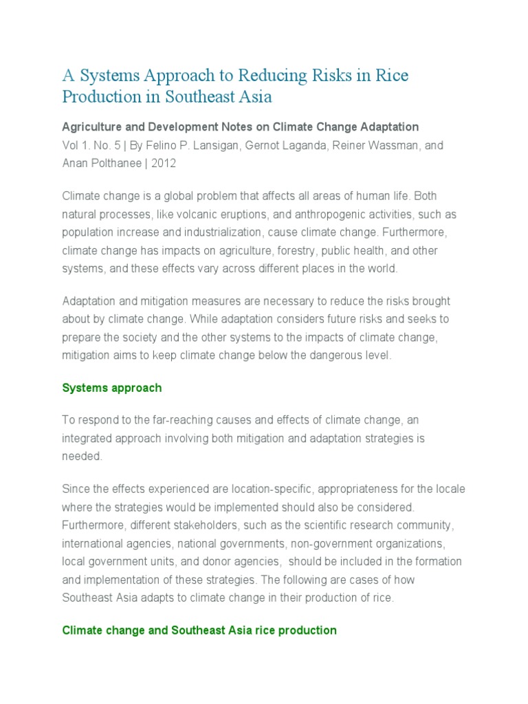 A Systems Approach To Reducing Risks in Rice Production in Southeast ...