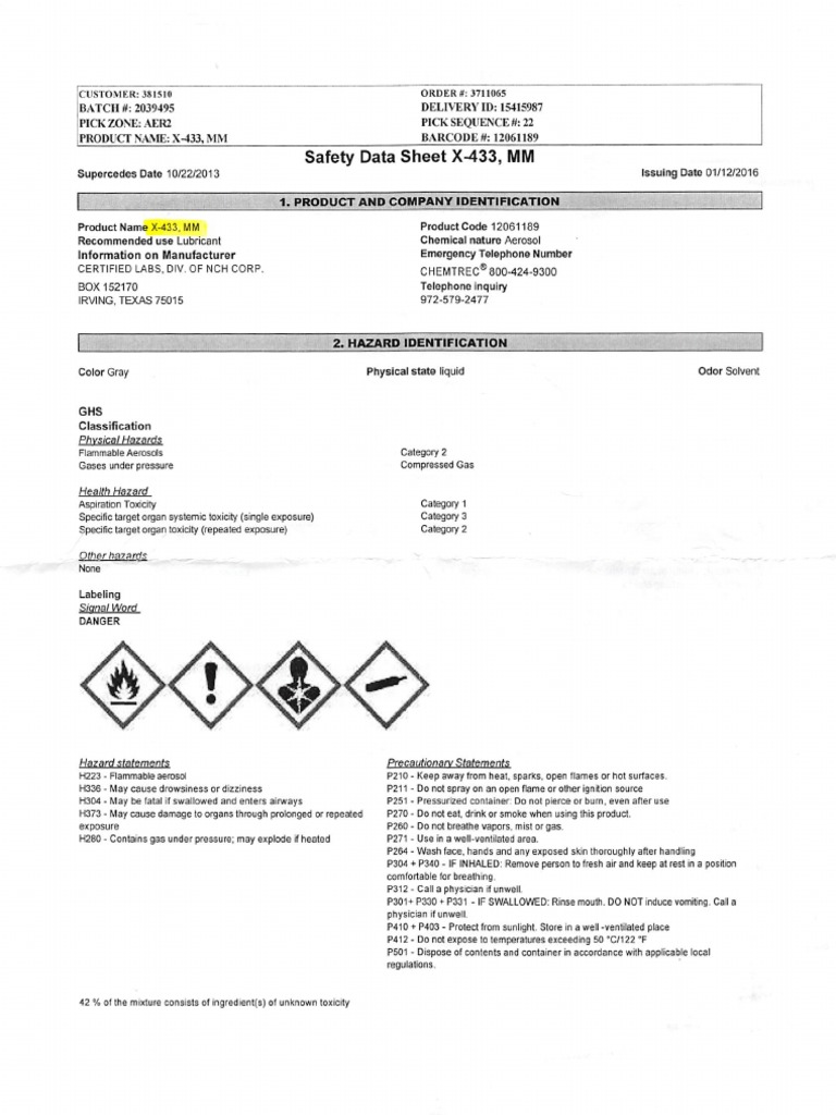 X433 Chain, Cable, Wire, Rope Lubricant (Aerosol) PDF Water Personal Protective Equipment