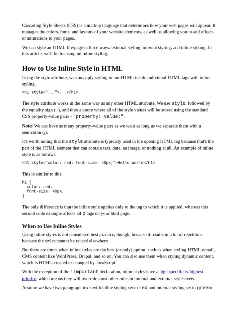 Inline Style in HTML CSS Inline Styles PDF Html Html Element