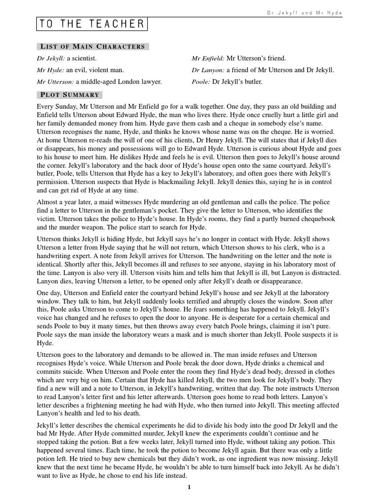 To The Teacher DR Jekyll MR Enfield MR Hyde DR Lanyon MR Utterson