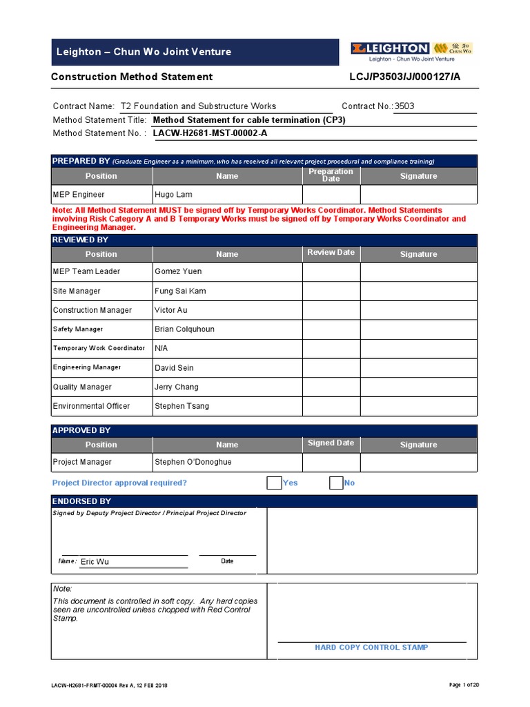 Cable Termination Method Statement CP3 | PDF | Electricity | Physical ...