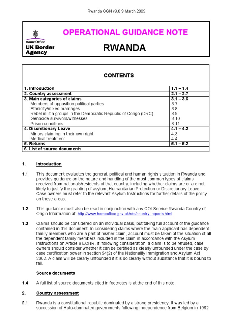 Home Office, Operational Guidance Note 2009 | PDF | Tutsi | Hutu
