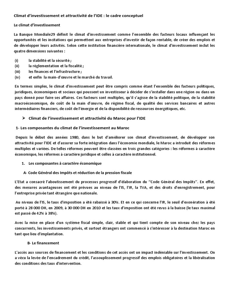 Climat d'investissement et IDE au Maroc | PDF | Impôts | Investir