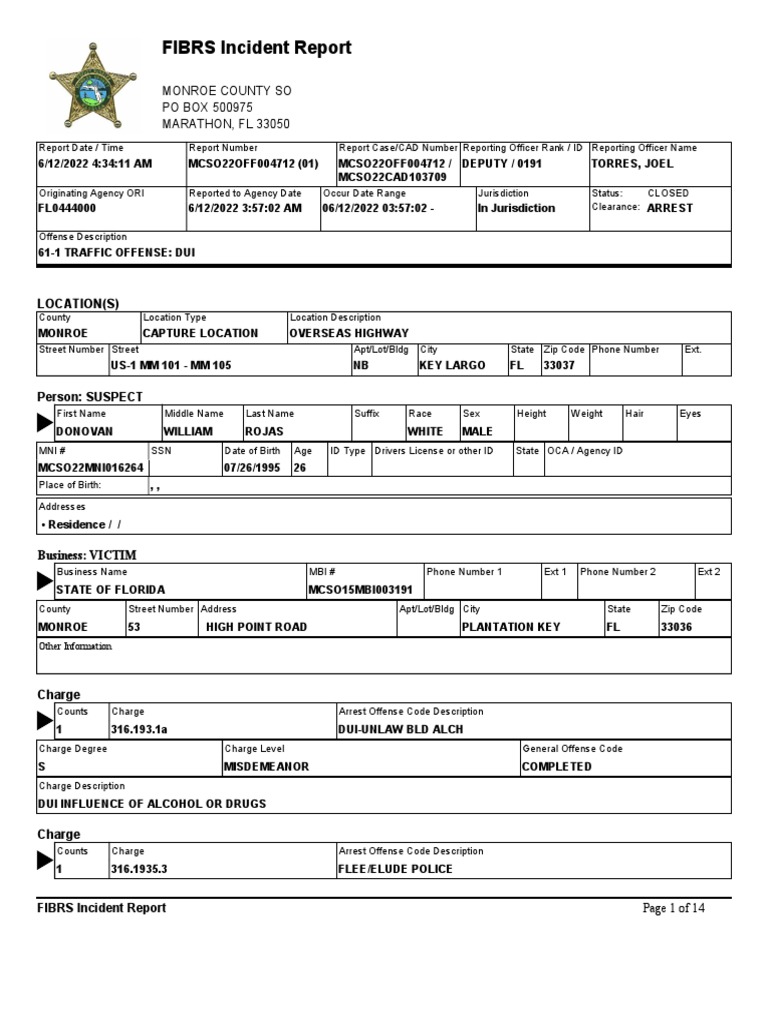 Incident Report of MiamiDade Police Officer Donovan William Rojas