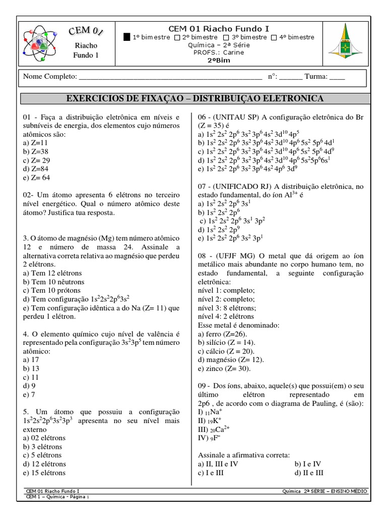 Exercícios de Distribuição Eletrônica 9º Ano | PDF | Elétron ...