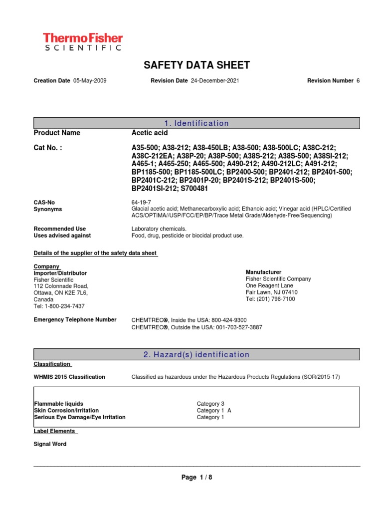 AceticAcidGlacialCertifiedAcsFisherChemical EN PDF Personal Protective Equipment