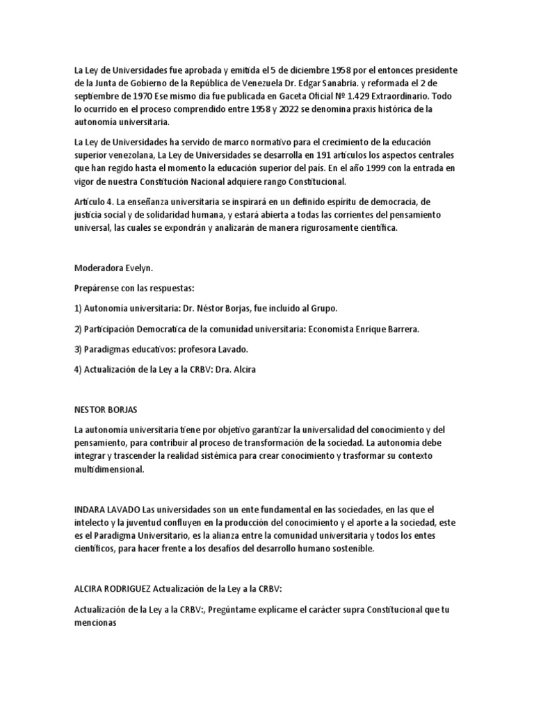 Ley de Universidades Venezuela PDF Venezuela Democracia