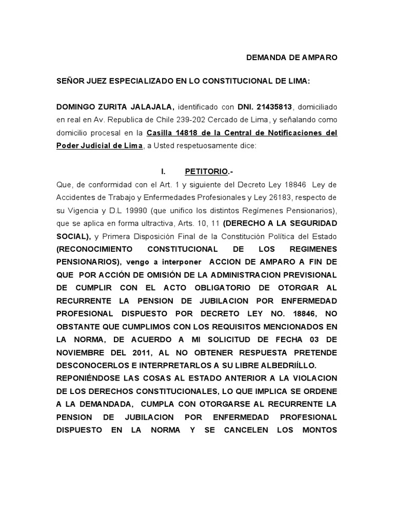 Demanda de Amparo por Pensión Vitalicia | PDF | Constitución | Jubilación