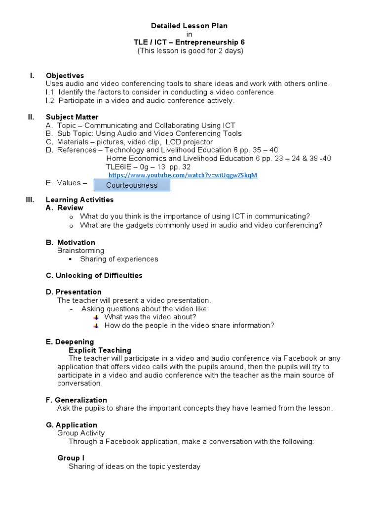 Grade 6 ICT: Video Conferencing Lesson Plan | PDF | Educational ...