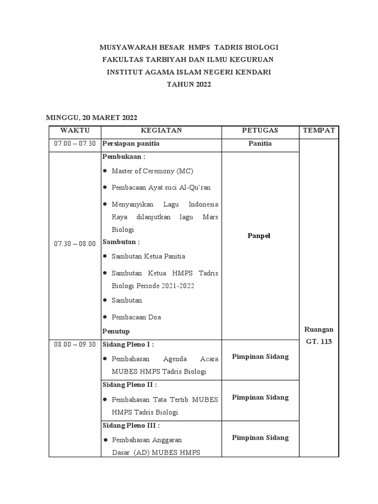 Rundown Acara Mubes HMPS Tadris Biologi | PDF