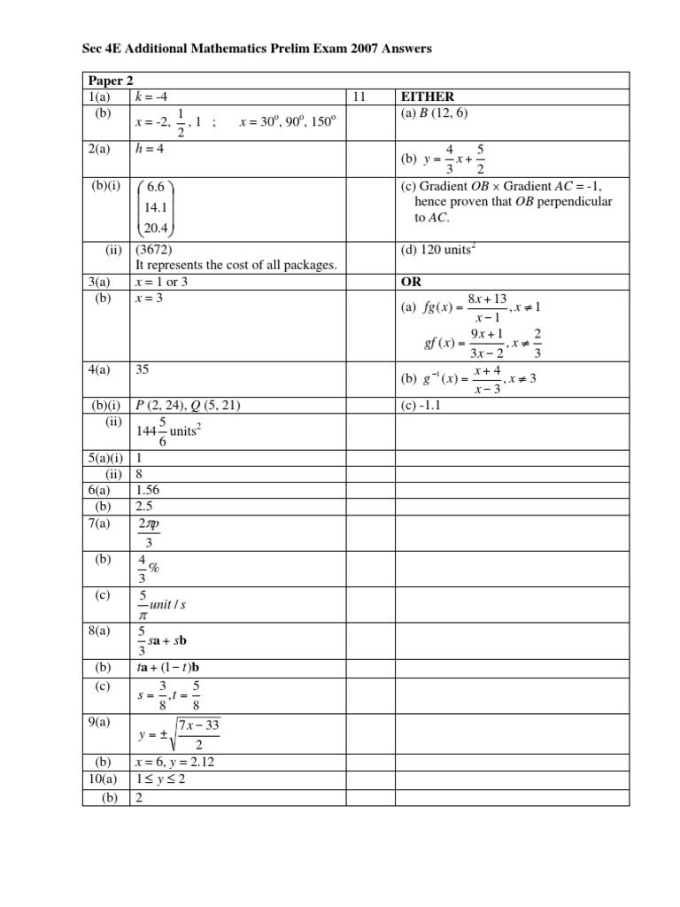 2007 Sec 4E Math Prelim Exam Solutions | PDF