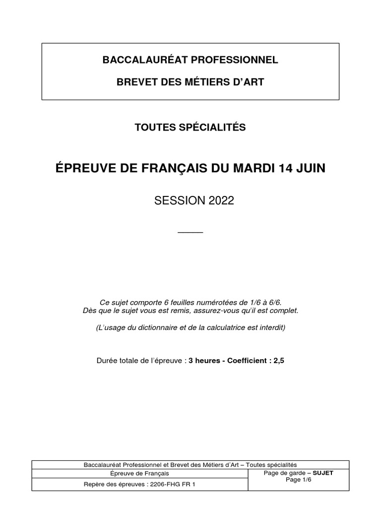 Correction Bac Pro 2022 Sujet Français - Bac Pro 2022 | PDF