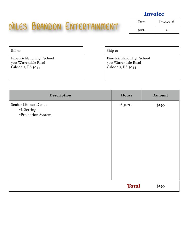 Niles Brandon Entertainment Invoice | PDF
