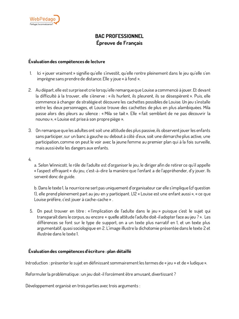 Sujet Bac Pro Français Le Jeu Corrigé
