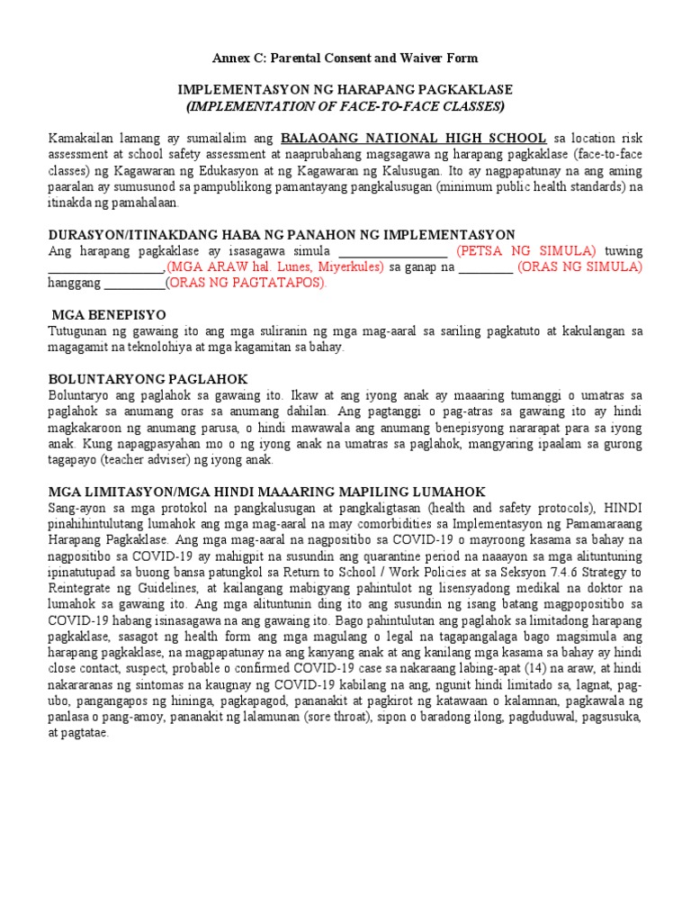 Parental Consent and Waiver Form Filipino | PDF