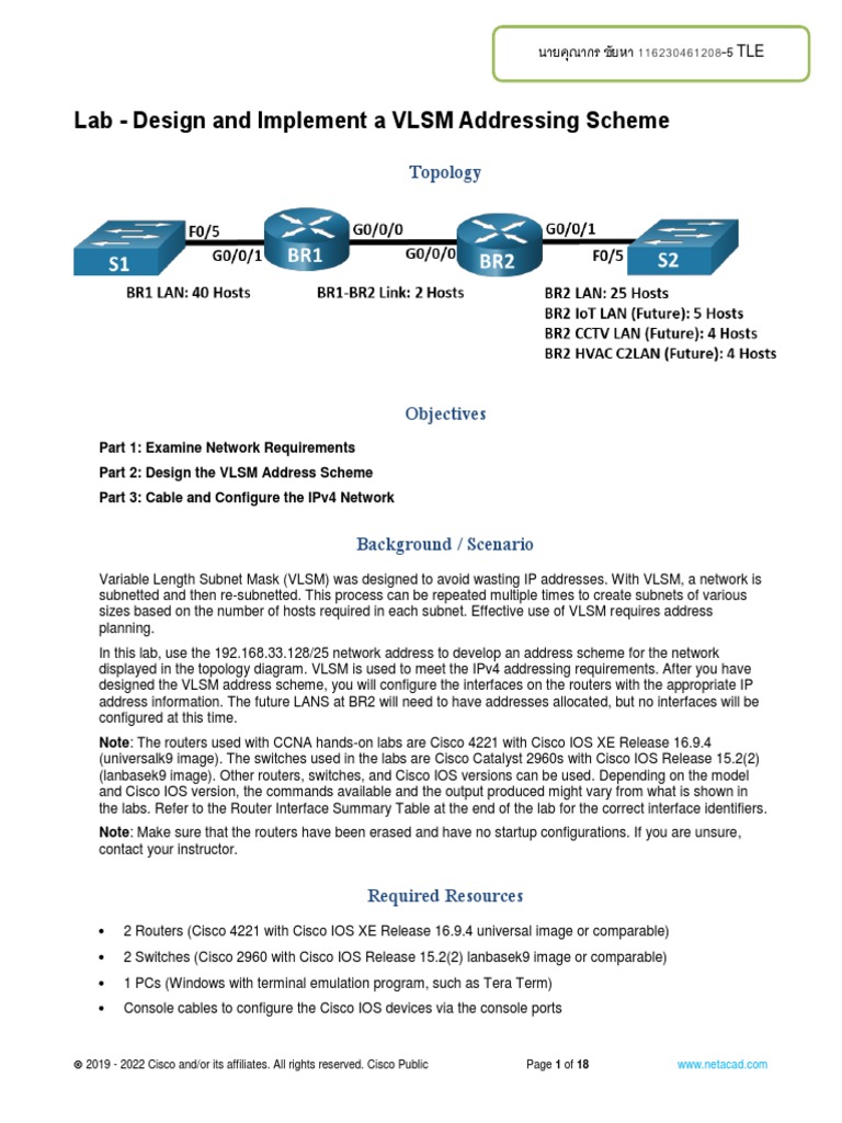 11.10.2 Lab - Design and Implement A VLSM Addressing Scheme 1 | PDF ...