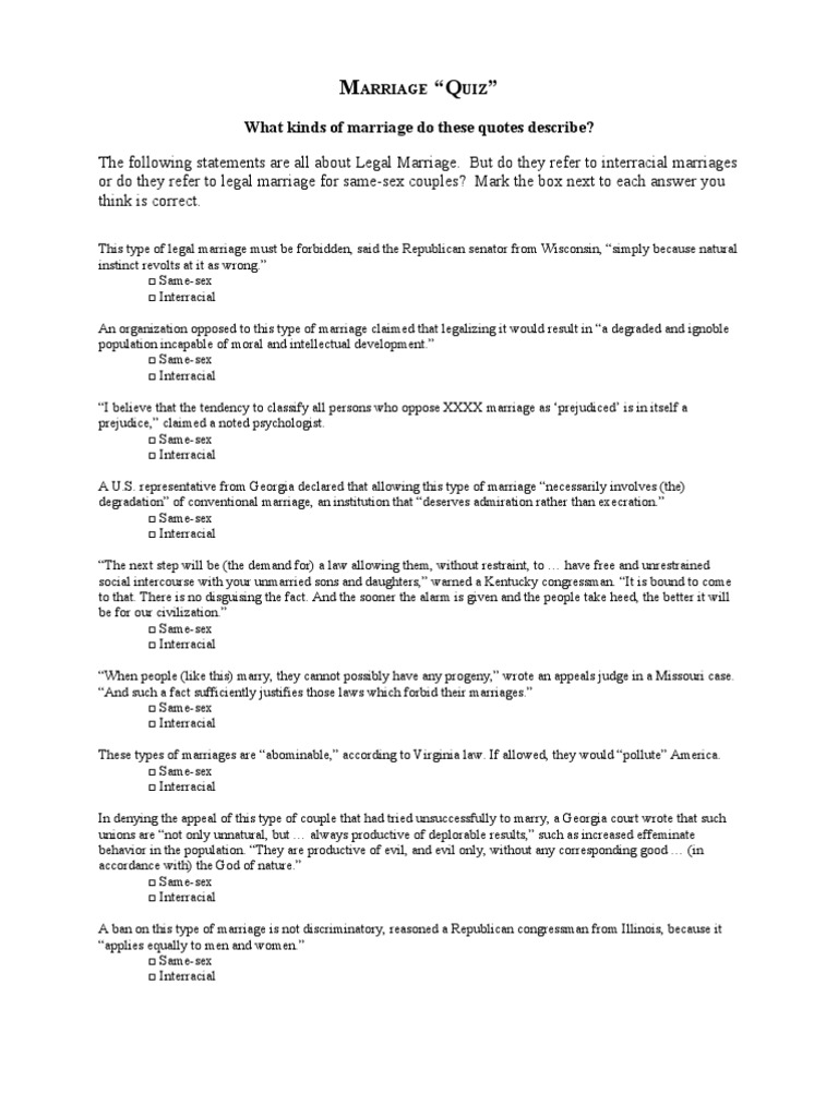 The Marriage Quiz | PDF | Same Sex Relationship | Race (Human ...
