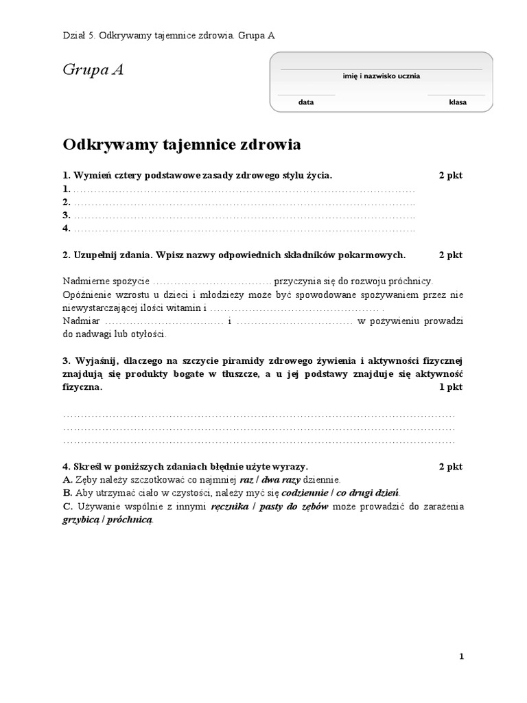 Sprawdzian Z Przyrody Klasa 6 Dział 5