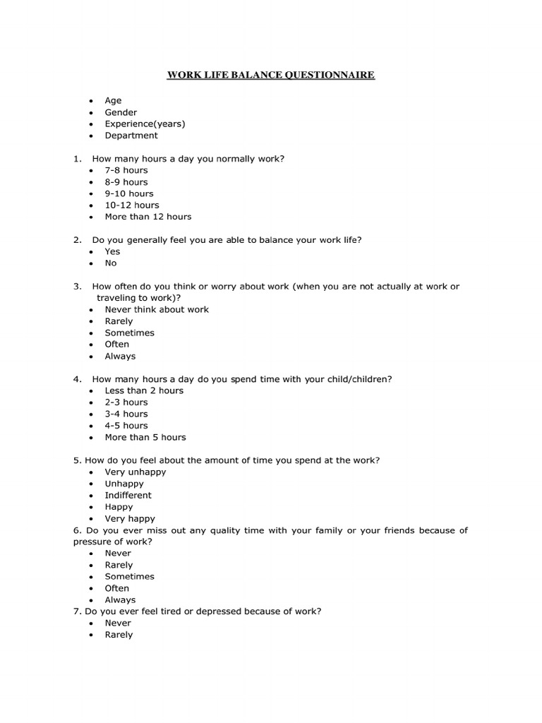 Work Life Balance Questionnaire - PDF | PDF