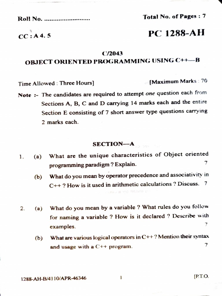 C++ Object Oriented Programming Exam Paper | PDF | Class (Computer ...