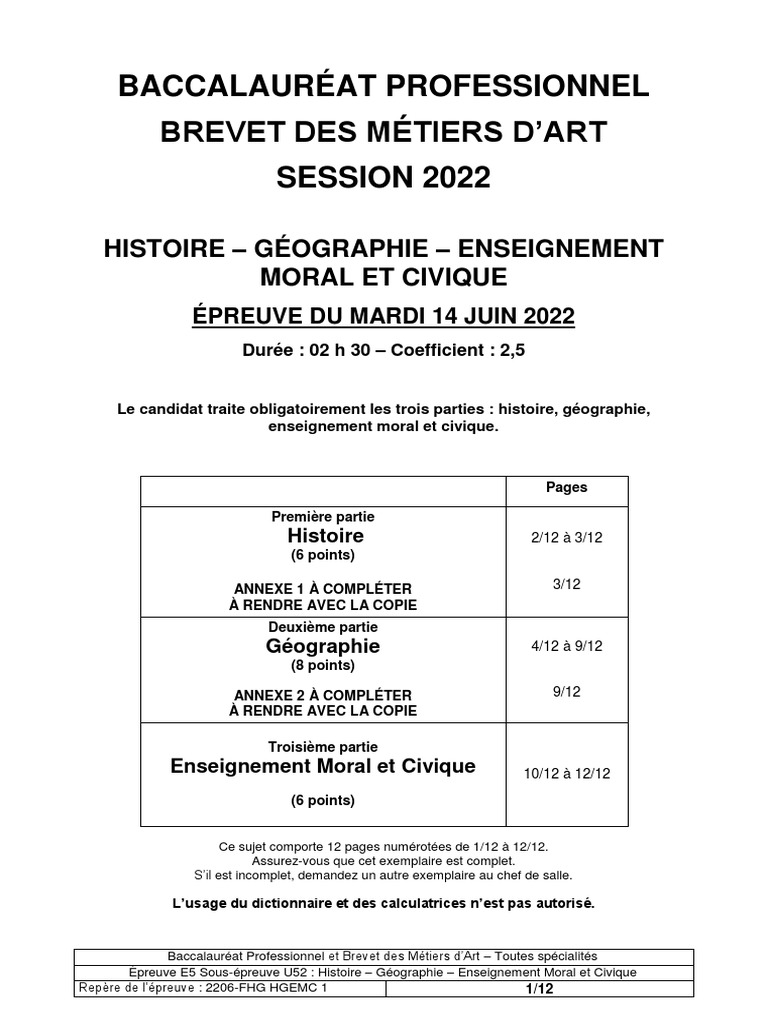 Corrige Histoire Geo Bac Pro 2022 Sujet D' Histoire Géographie-Enseignement Moral Et Civique - Bac Pro 2022 |  PDF | Démocratie | Idéologies politiques