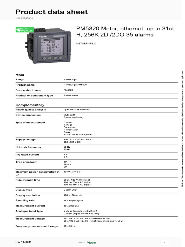 Product Data Sheet PM5320 Meter, Up To 31st H, 256K 2DI/2DO