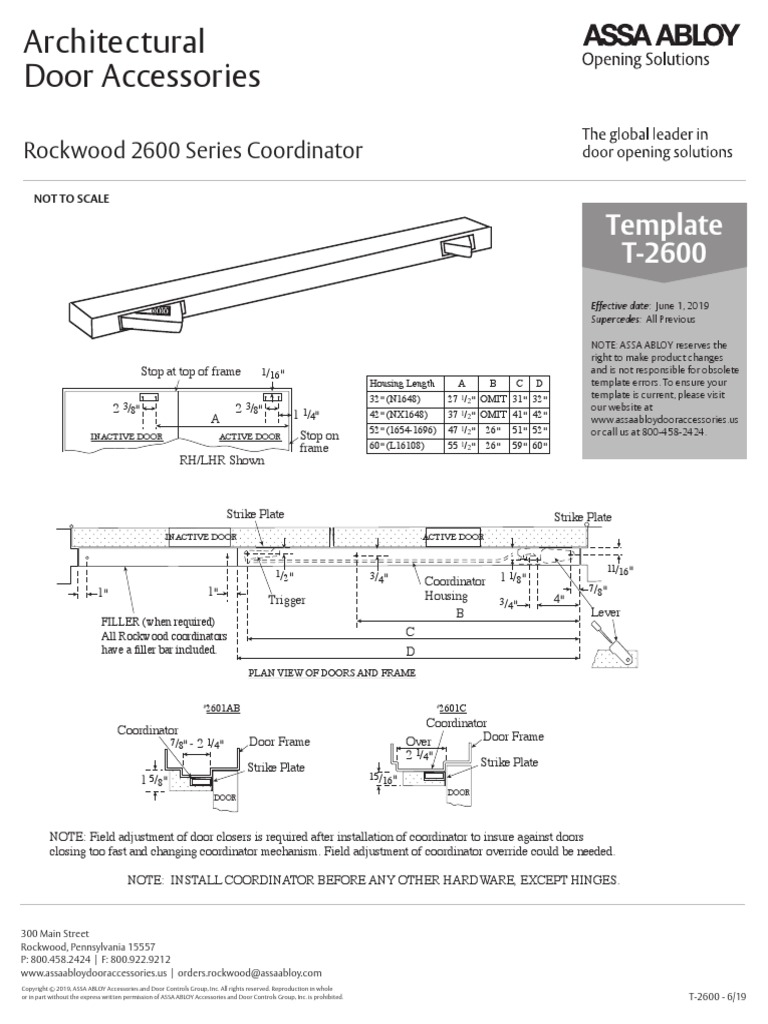 ASSA ABLOY Rockwood 2600 Series Coordinator Template (Reinforce Across Entire Stop in Head