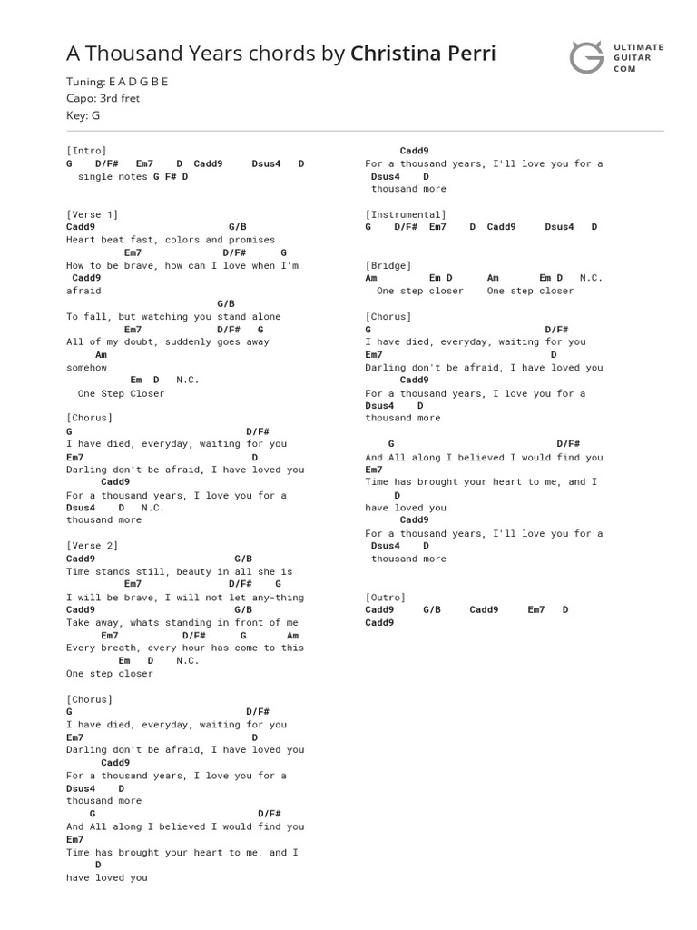 A Thousand Years Chords by Christina Perri TuningEADGBE Capo 3rd